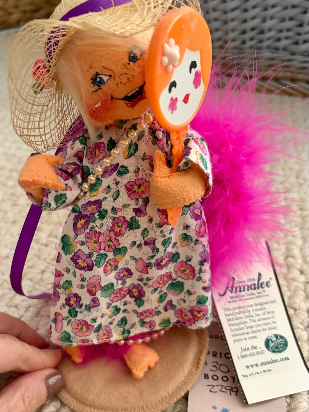 Annalee Pink-Feathered Floral Dress Doll with Orange Hand Mirror